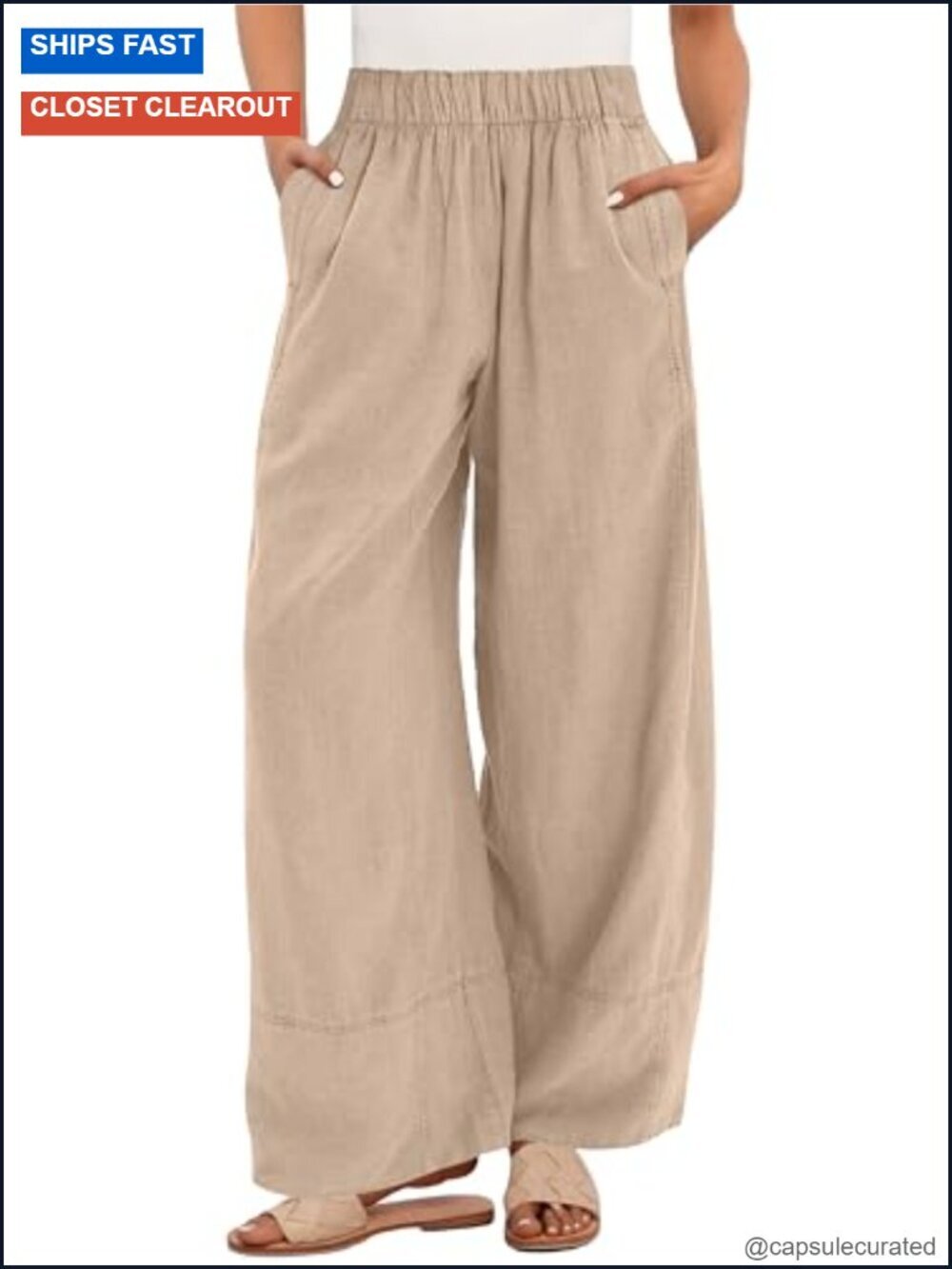 Women's Wide Leg Linen Pants Elastic Waist Loose Fit Trousers with Pockets